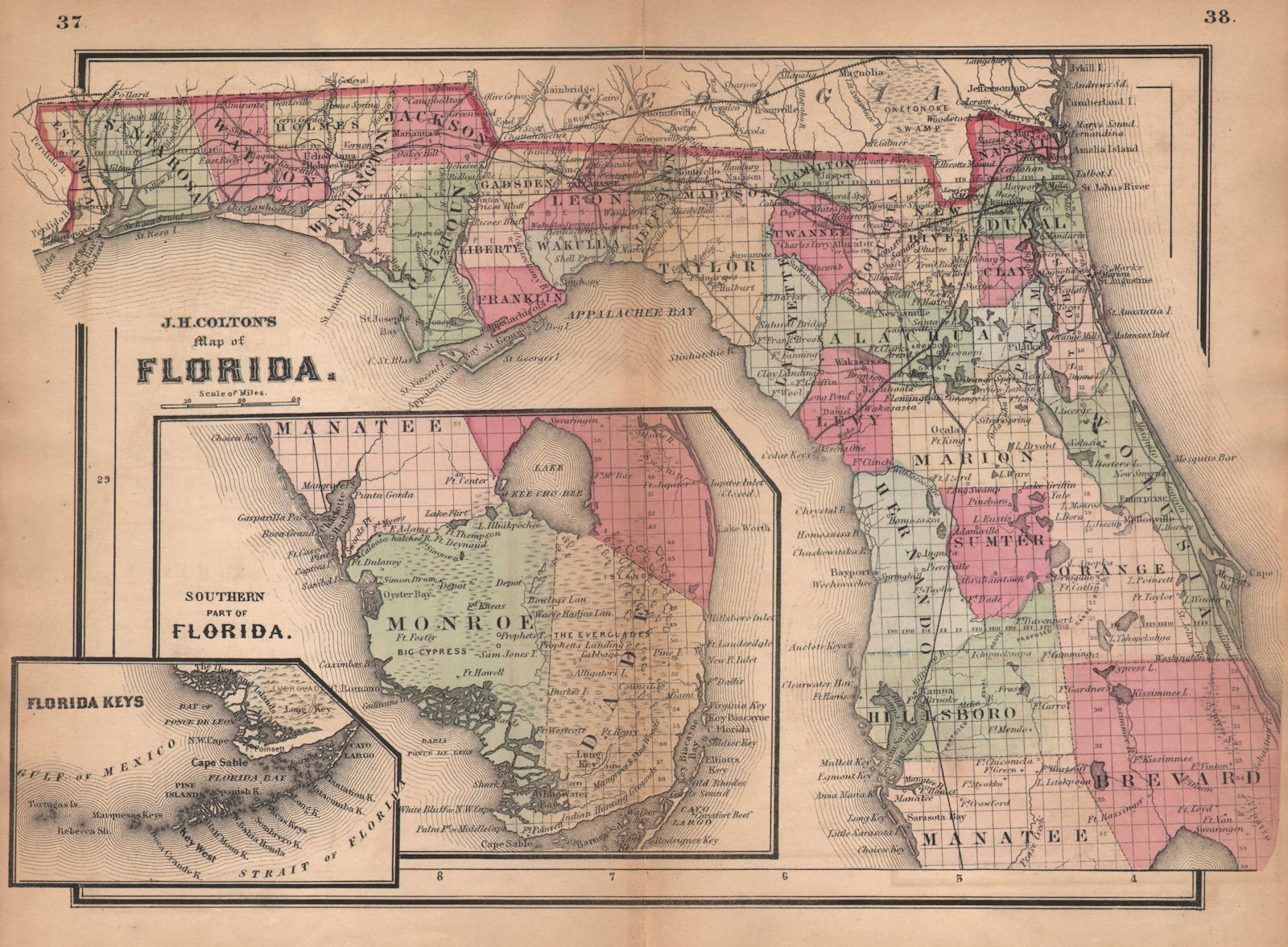 Associate Product J. H. Colton's map of Florida 1864 old antique vintage plan chart
