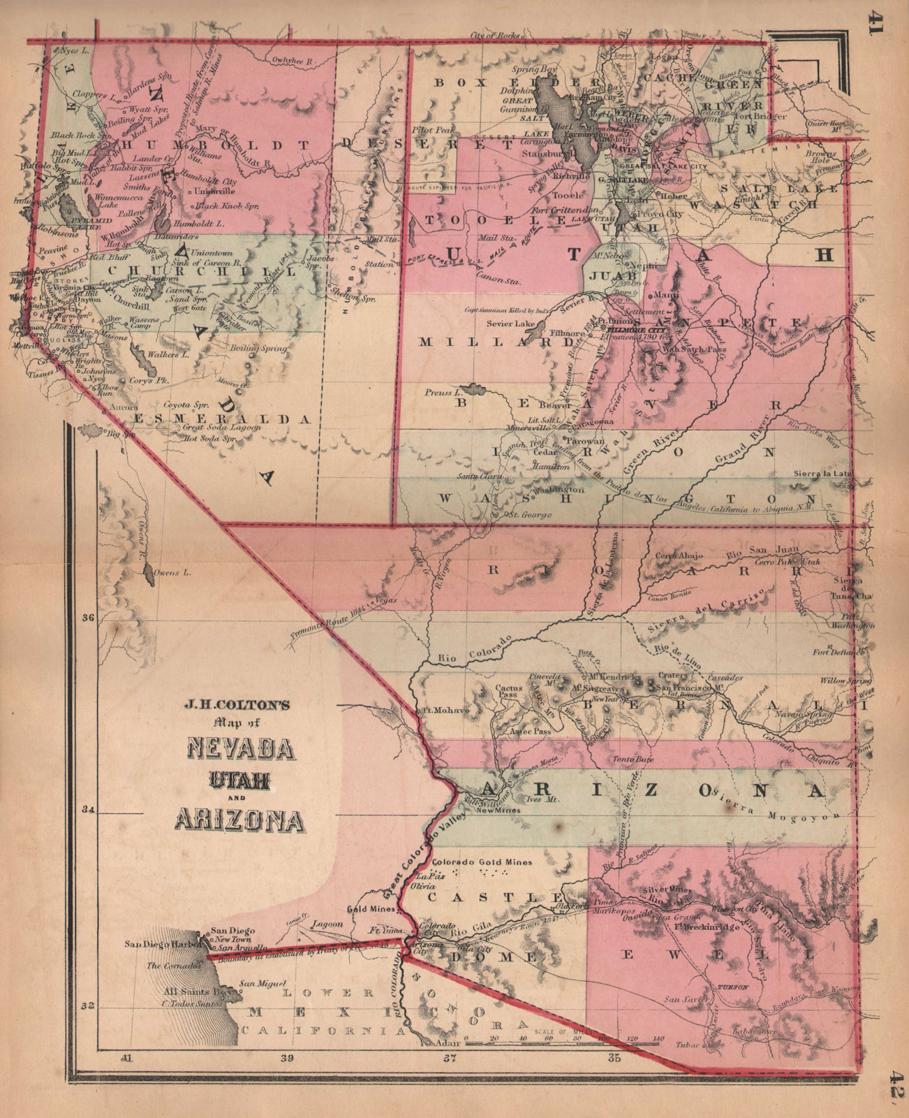 J. H. Colton's map of Nevada, Utah and Arizona 1864 old antique plan chart