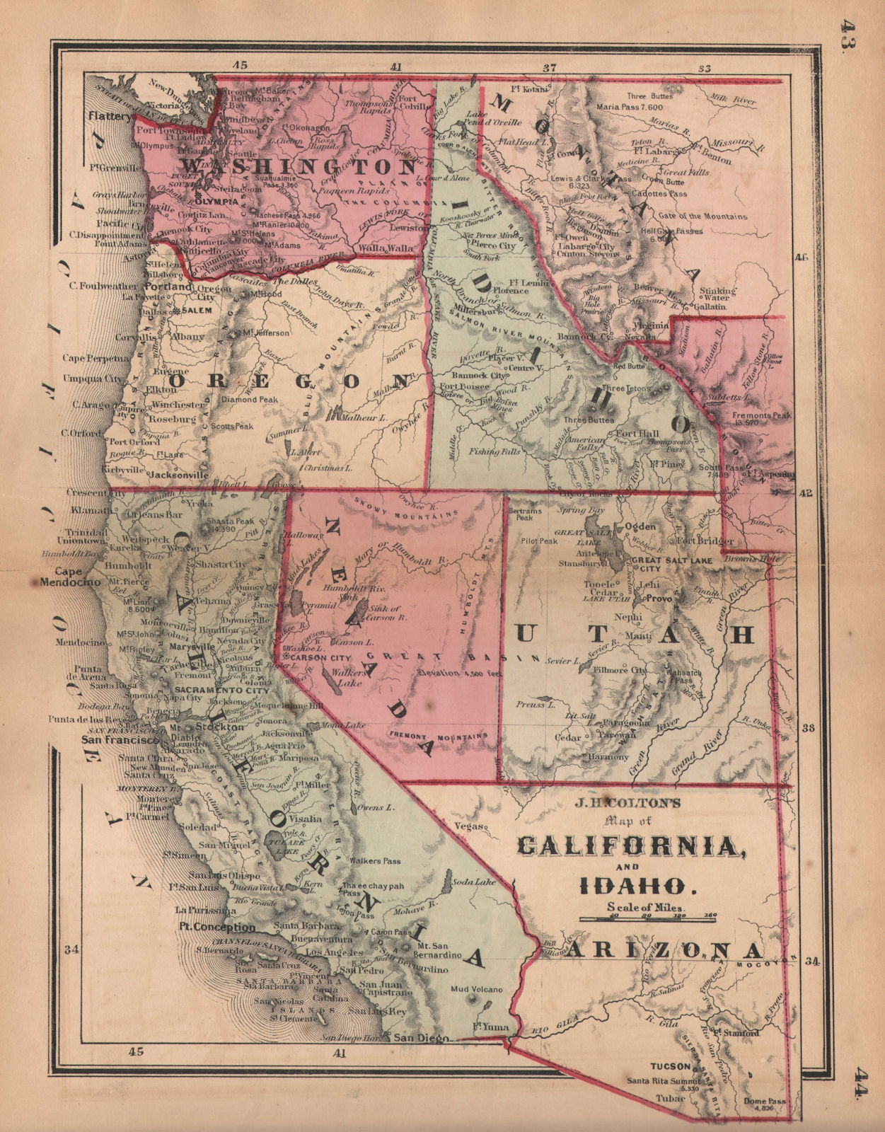 Associate Product Colton's map of California & Idaho. Oregon Washington Montana Utah Arizona 1864