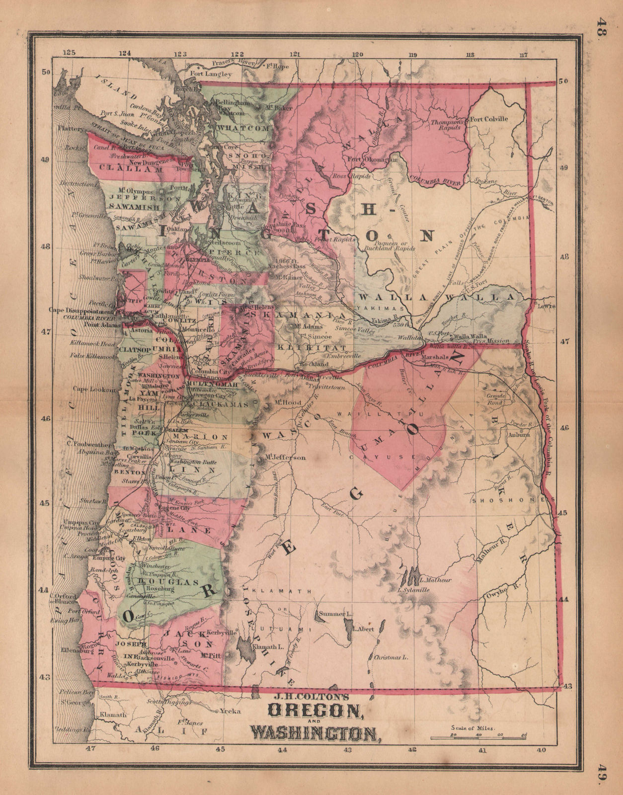 Associate Product J. H. Colton's map of Oregon and Washington 1864 old antique plan chart