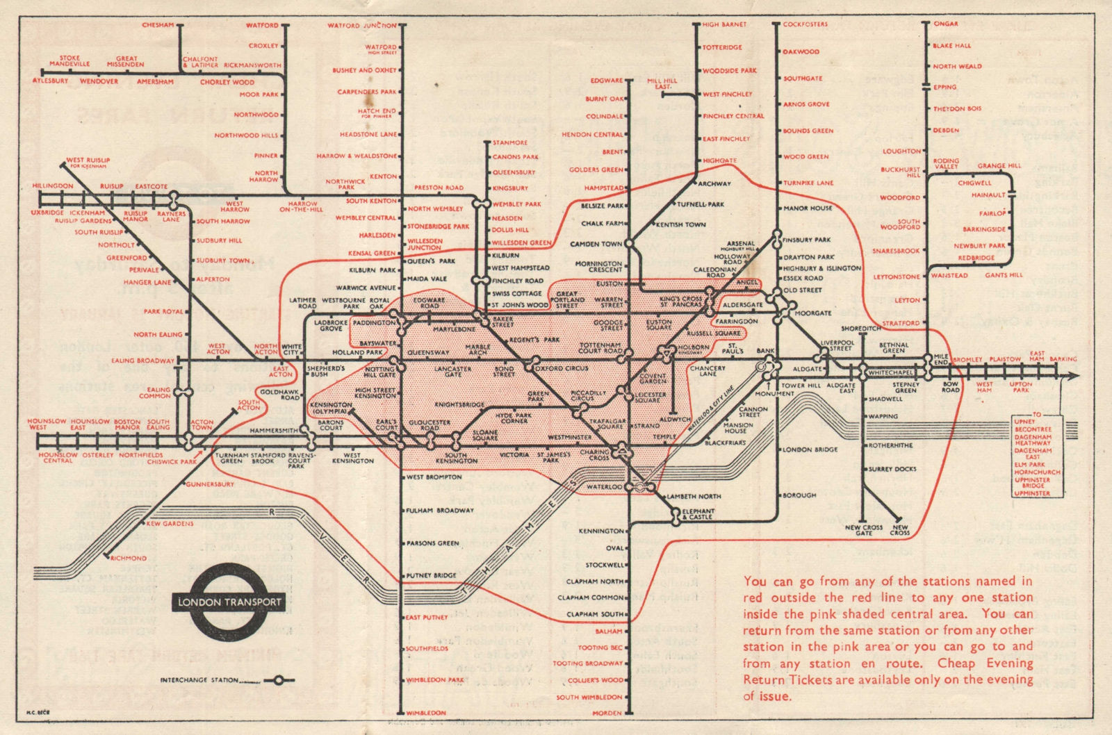 LONDON UNDERGROUND tube map diagram. Cheap Evening Return Fares. HARRY BECK 1953