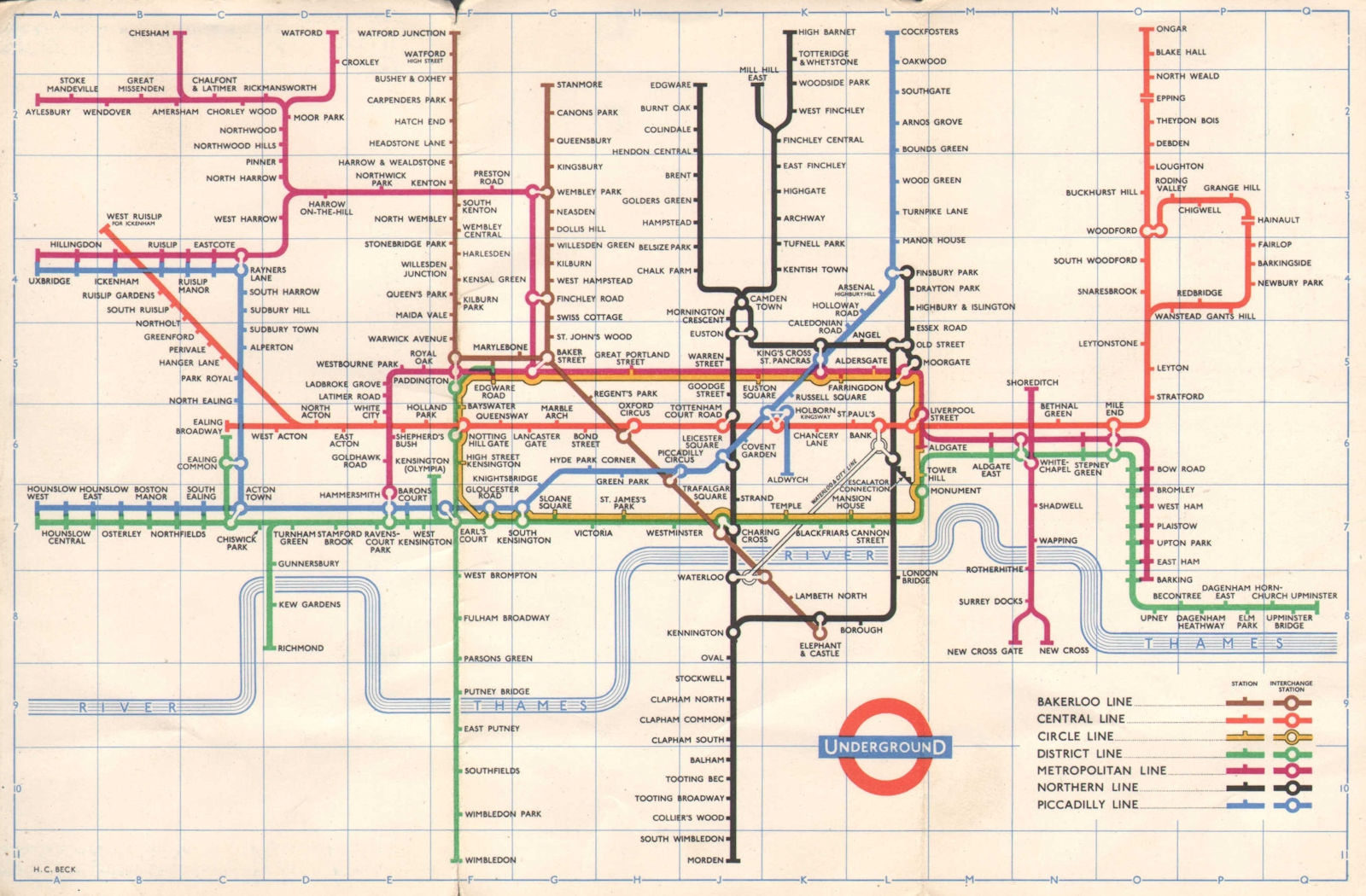 LONDON UNDERGROUND tube map plan No South Acton. Aylesbury Ongar HARRY BECK 1959