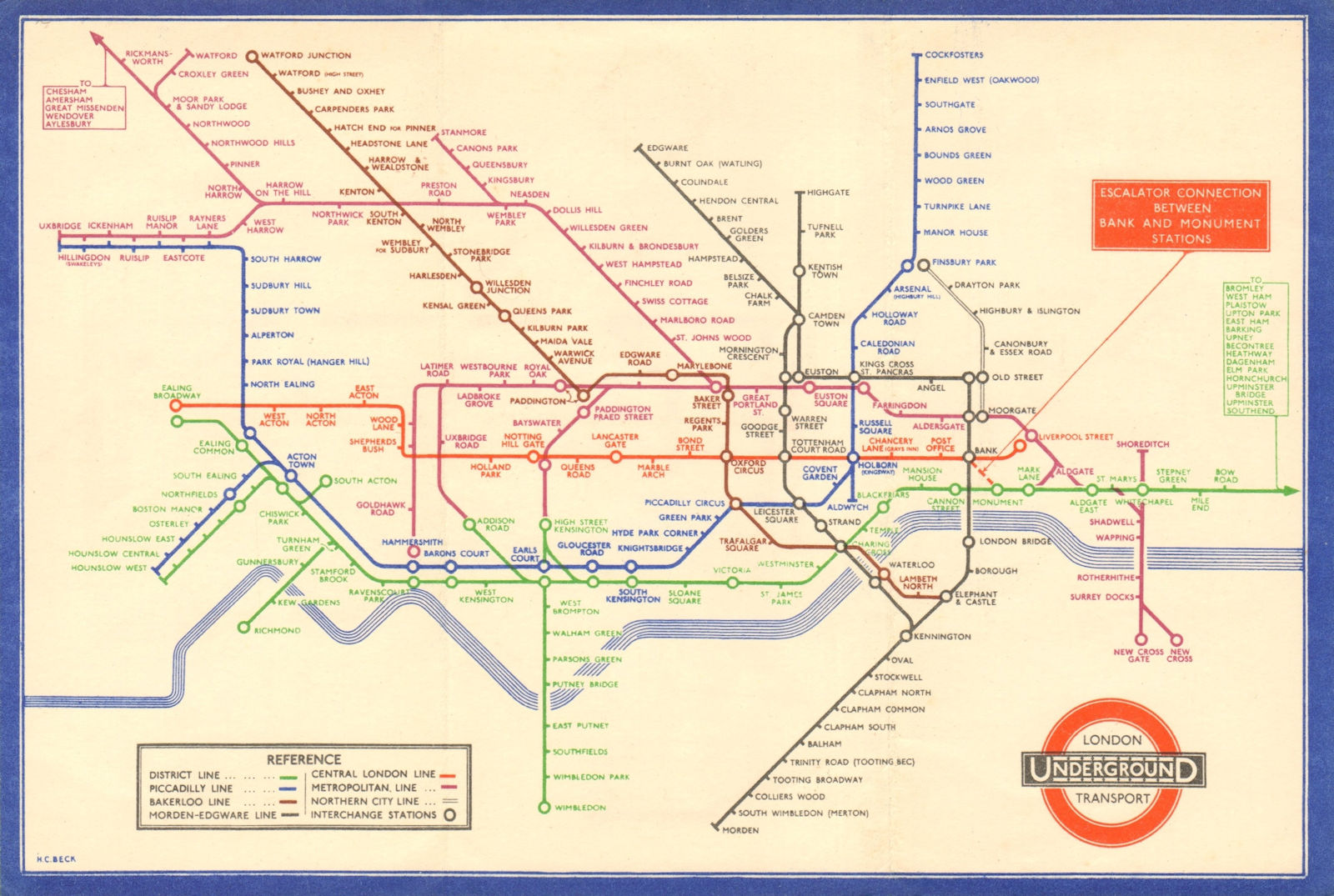 LONDON UNDERGROUND tube map diagram of lines. Middle Circle. HARRY BECK #2 1935