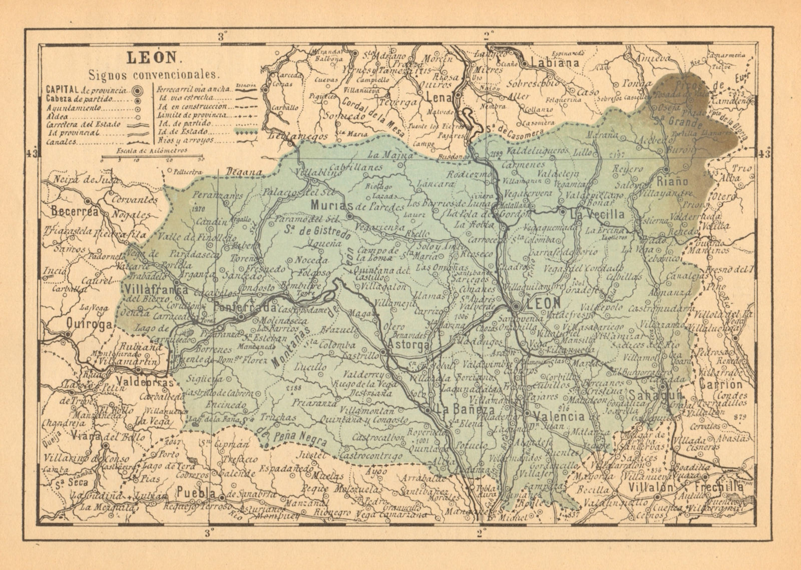 LEÓN. Leon. Castilla y León. Mapa antiguo de la provincia 1914 old antique