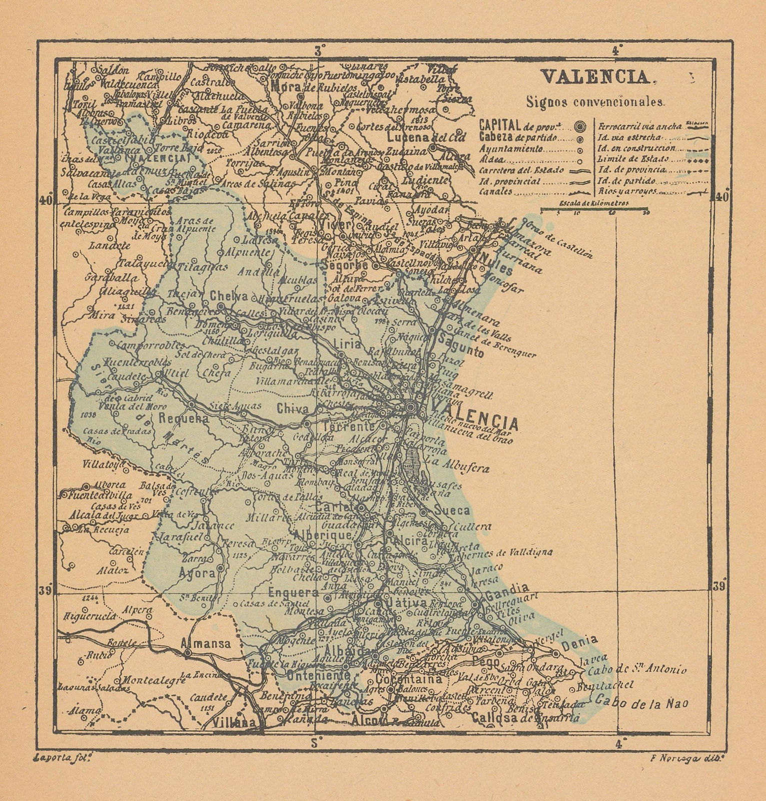 VALENCIA. València. Comunidad Valenciana. Mapa antiguo de la provincia 1914