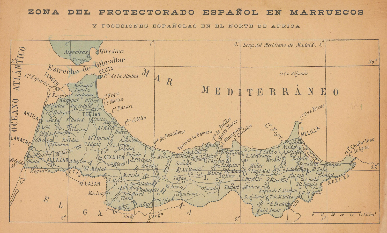 Zona del protectorado Español en Marruecos. Spanish Morocco 1914 old map