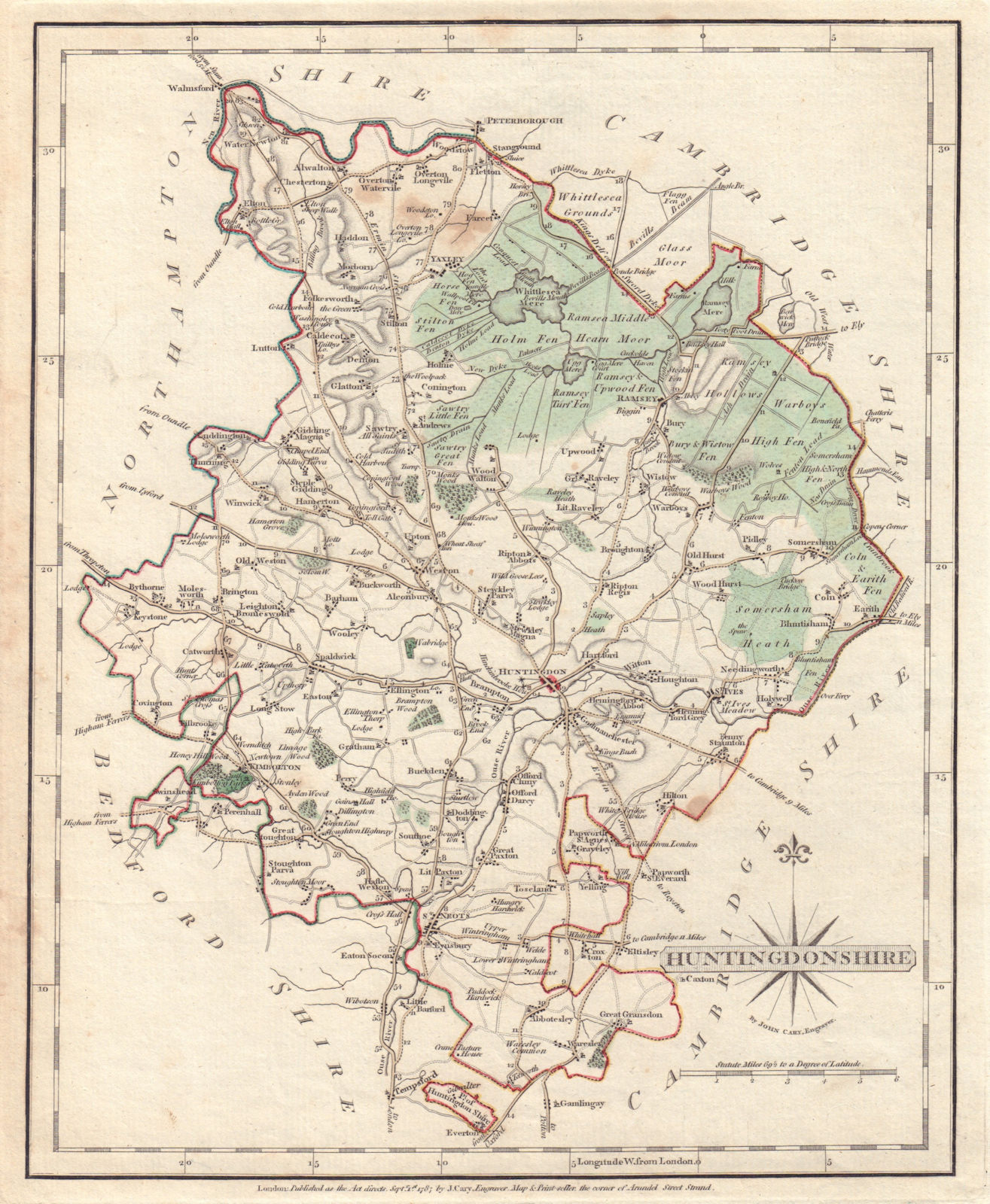 Antique county map of HUNTINGDONSHIRE by JOHN CARY. Original outline colour 1787