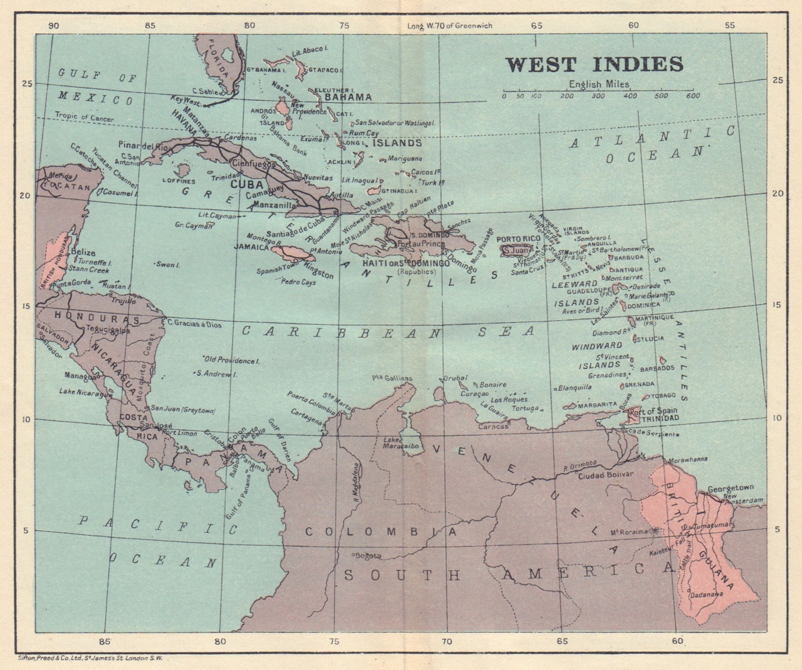 WEST INDIES & CARIBBEAN. Venezuela Central America Cuba Hispaniola &c 1923 map