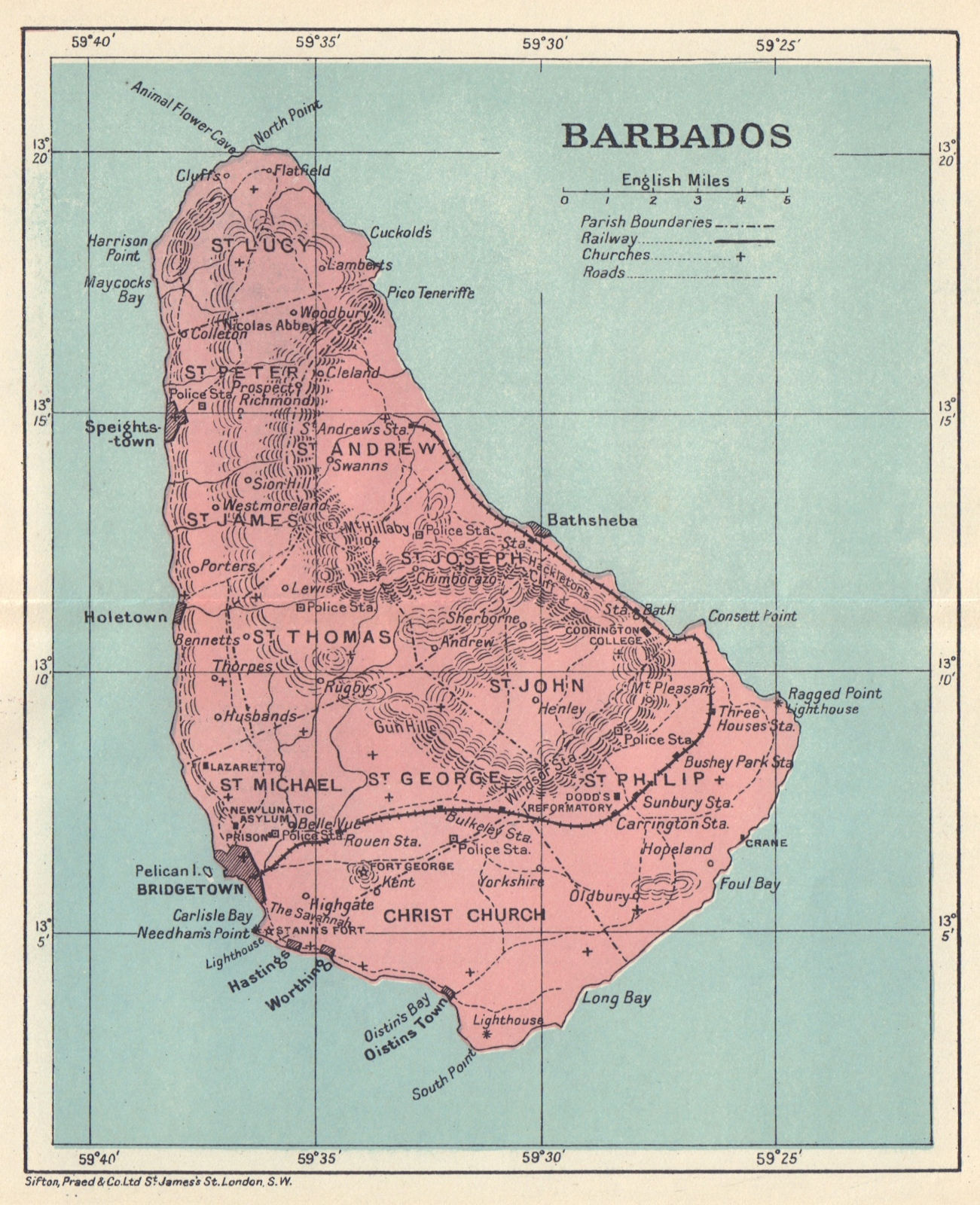 BARBADOS. Vintage map. West Indies Caribbean 1923 old antique plan chart
