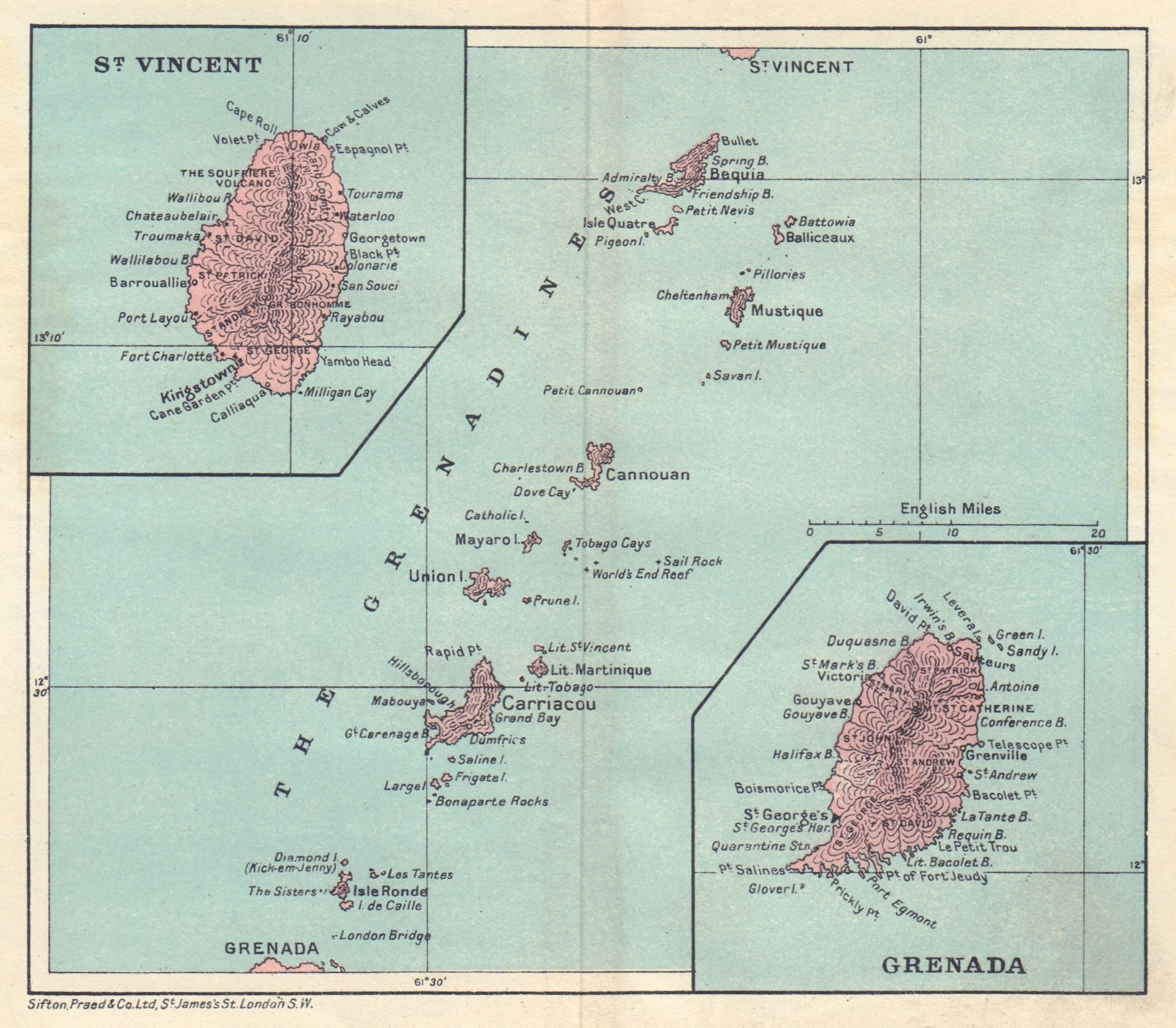 ST VINCENT, GRENADA & THE GRENADINES. Lesser Antilles. West Indies 1923 map