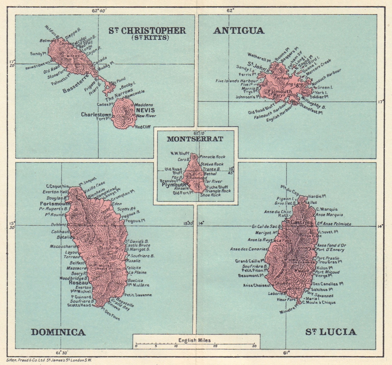 Associate Product WEST INDIES. Dominica St Kitts Antigua St Lucia Montserrat 1923 old map