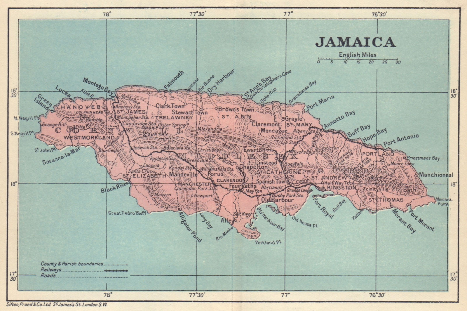 JAMAICA. Vintage map. West Indies. Caribbean 1923 old antique plan chart