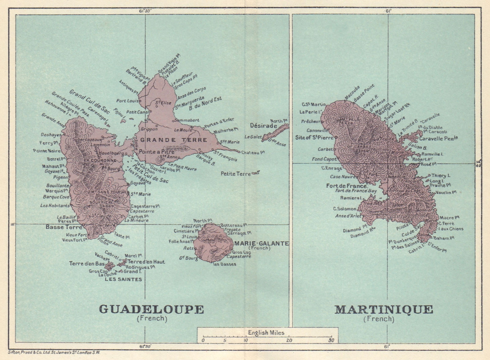 ANTILLES FRANÇAISES. Martinique Guadeloupe. French West Indies vintage map 1923