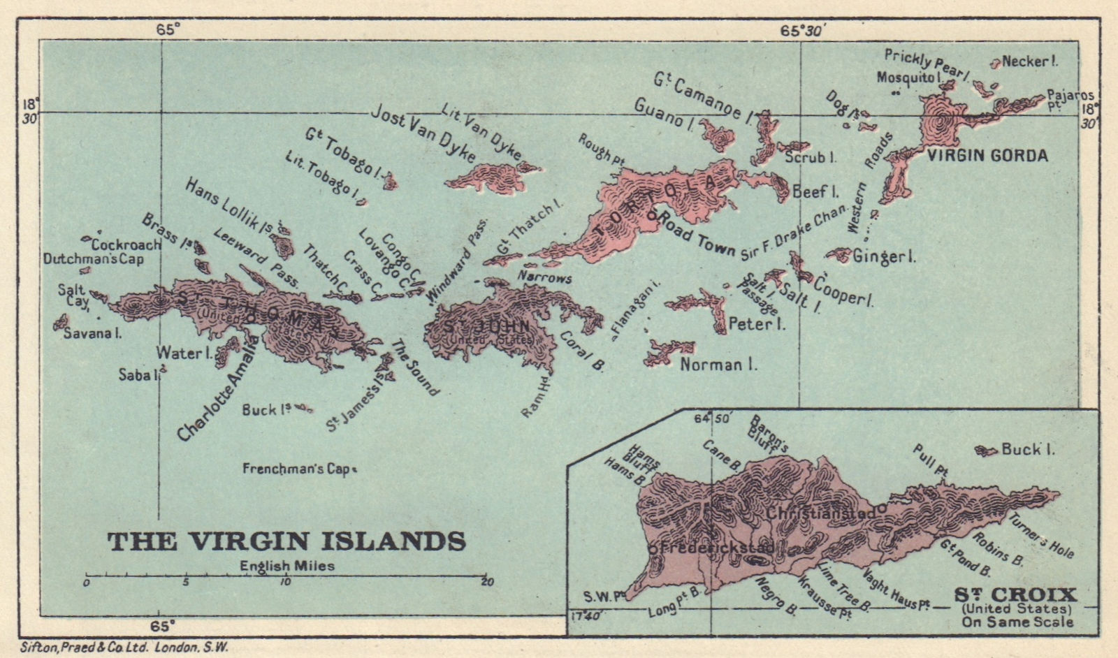 BRITISH/US VIRGIN ISLANDS Tortola Virgin Gorda St Croix St Thomas/John 1923 map