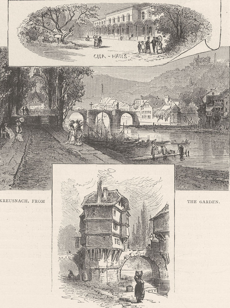 GERMANY. Kreusnach, from garden, Nahe Bridge 1903 old antique print picture