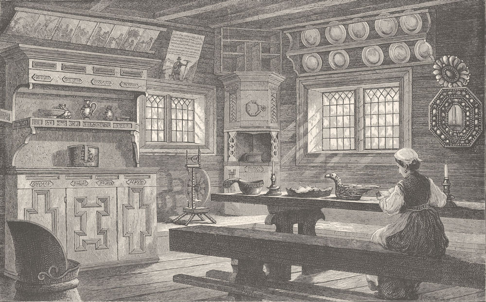 Associate Product NORWAY. Old Thelemarken House interior at Bygdo near Christiania (Olso) 1890