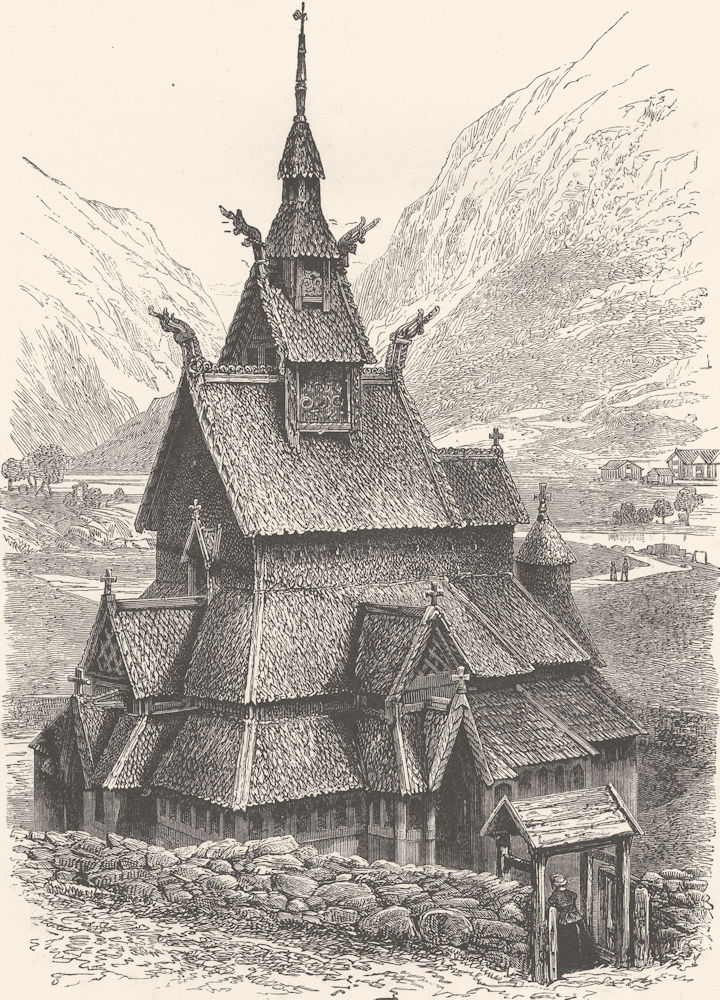 NORWAY. Borgund Church 1890 old antique vintage print picture