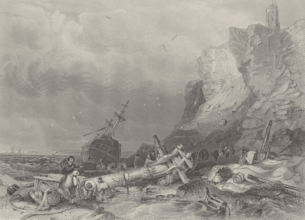 Tynemouth Castle. Ship wrecked on the rocks. Northumberland. FINDEN 1842 print