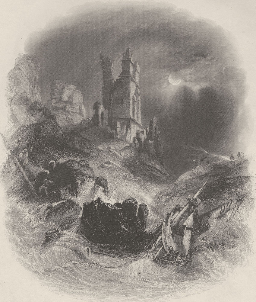 Dunstanburgh Castle by moonlight. Northumberland. FINDEN 1842 old print