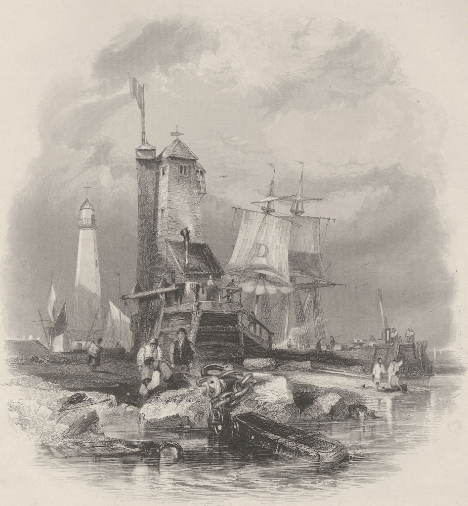 Sunderland, the lighthouse on the South Pier. Durham. FINDEN 1842 old print