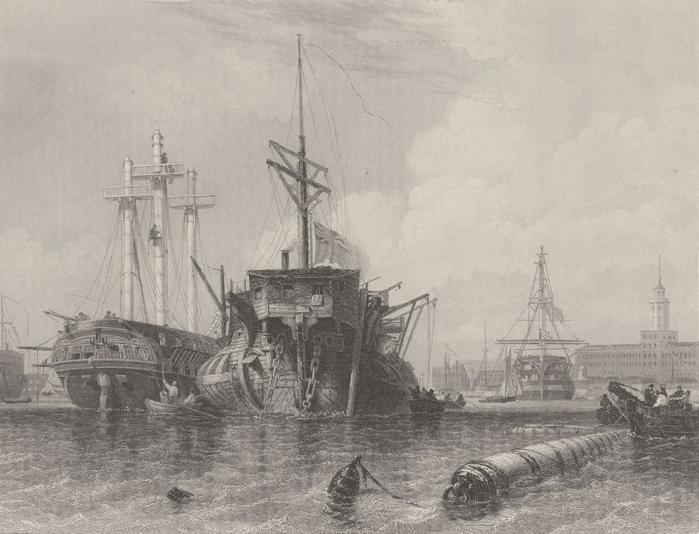 Rigging hulk and frigate, Portsmouth. Hampshire. FINDEN 1842 old antique print