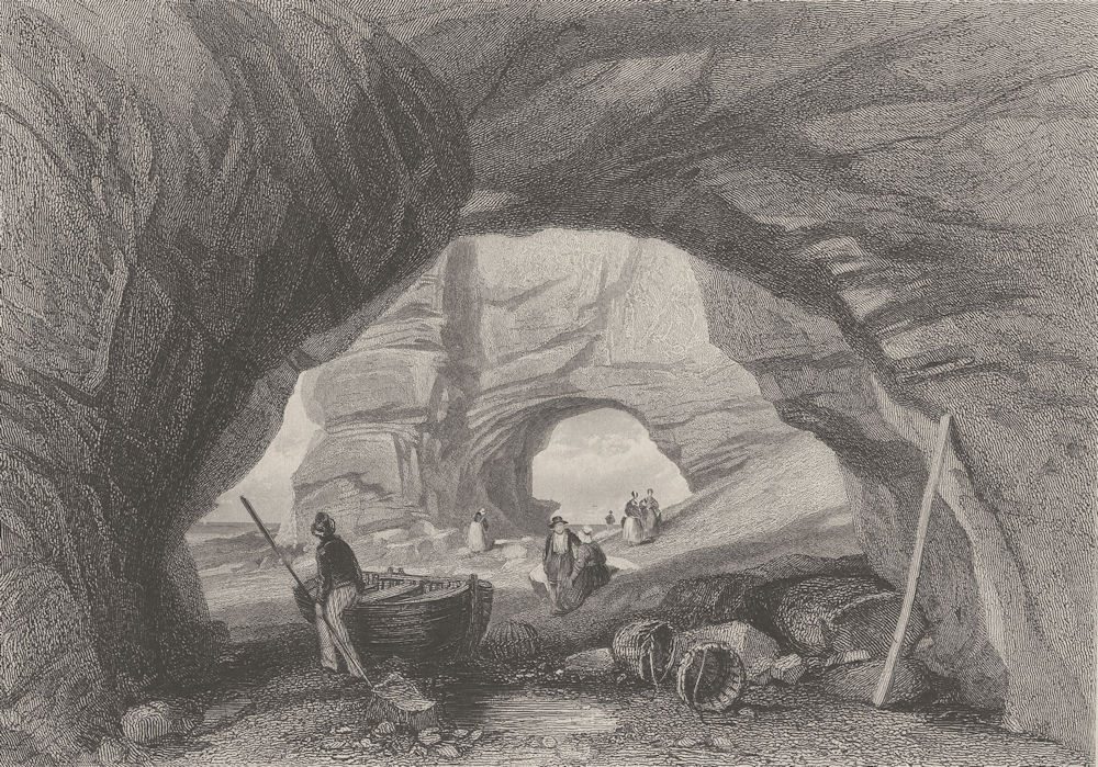 Caves at Ladram Bay, Sidmouth, Devonshire. FINDEN 1842 old antique print