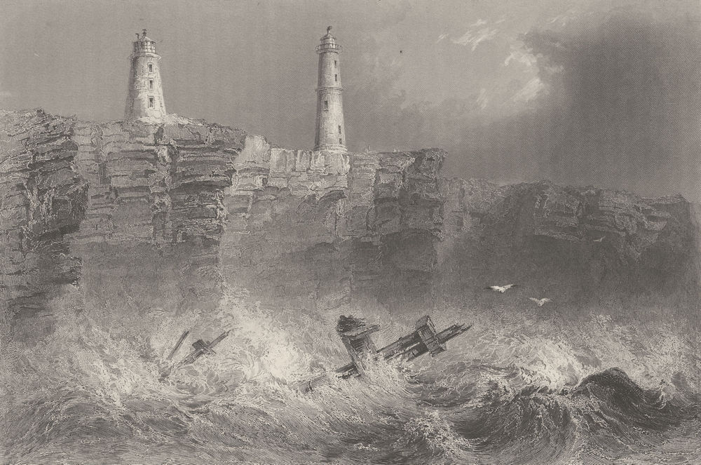 The Nass (Nash) Sands' lighthouses. Nash Point, Glamorganshire. BARTLETT 1842