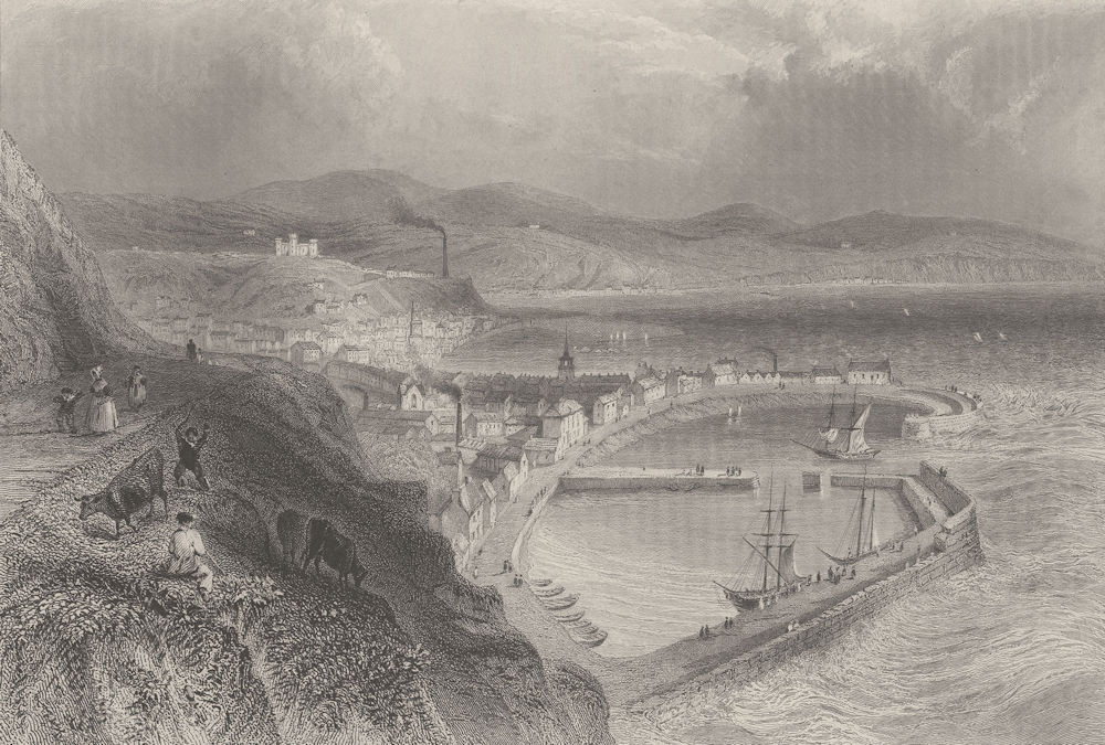Associate Product Stonehaven, with the town and harbour. Scotland. BARTLETT 1842 old print