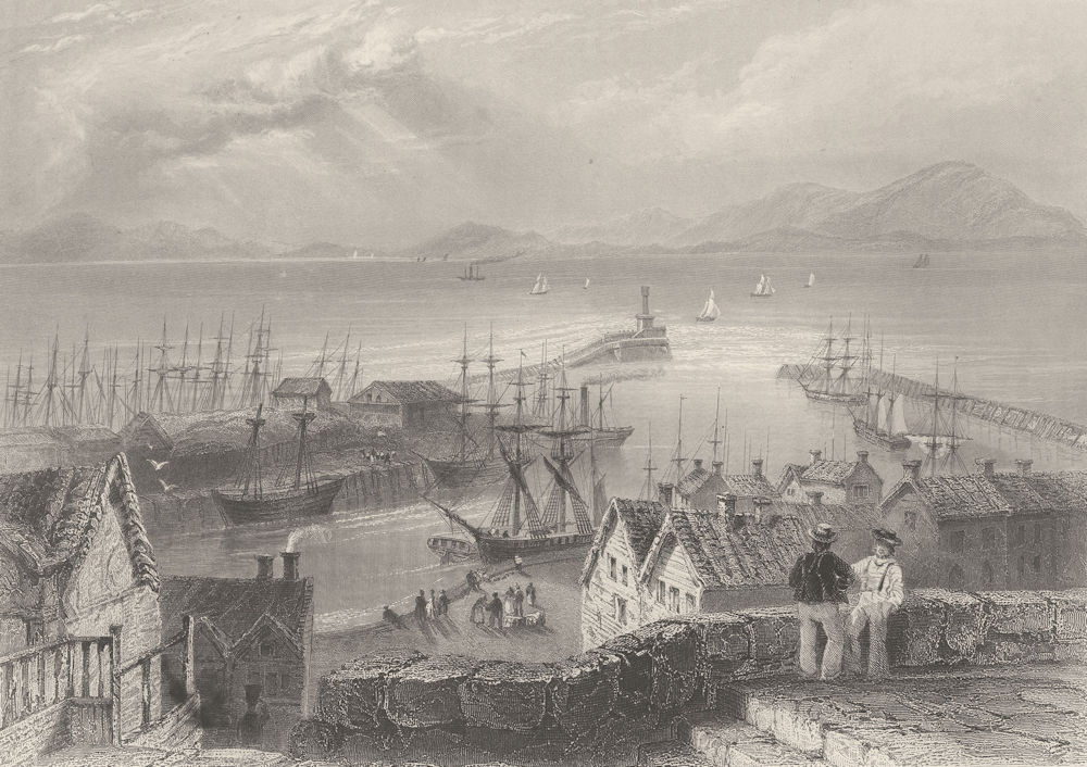 Maryport, town and harbour, English coast. Cumbria. BARTLETT 1842 old print