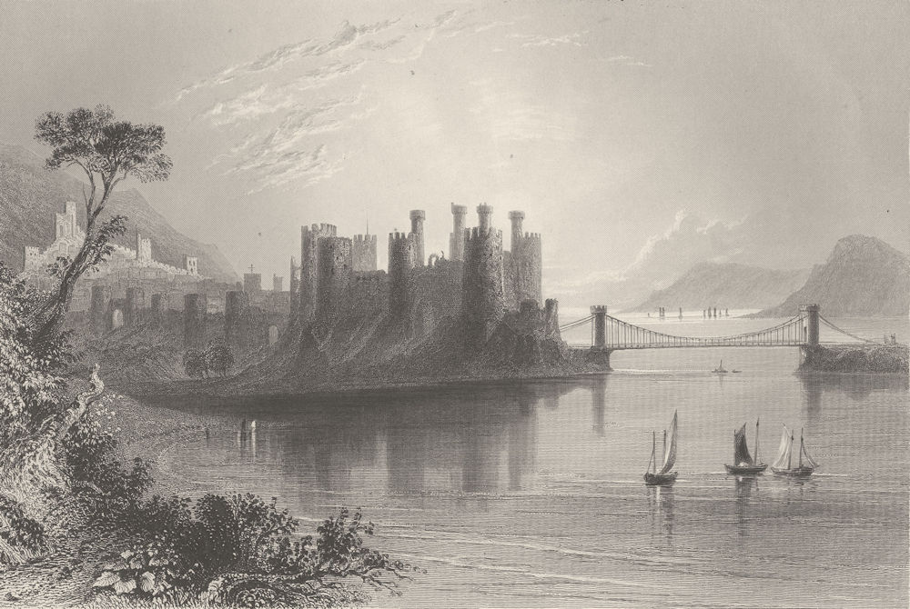 Associate Product Conway/Conwy Castle, with the suspension bridge. Wales. BARTLETT 1842 print