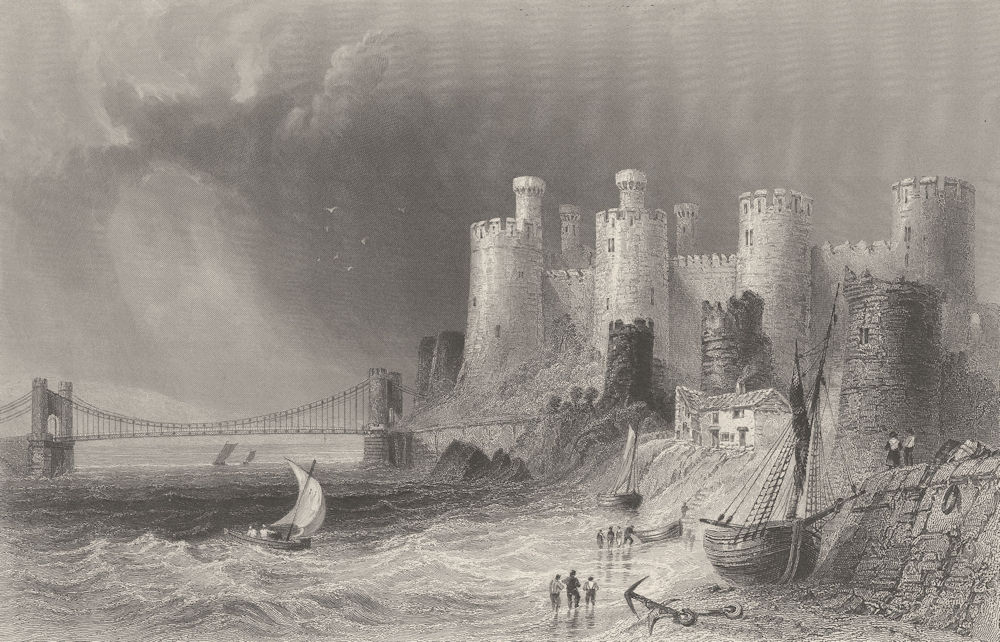 Conway/Conwy Quay, with the castle and bridge. Wales. BARTLETT 1842 old print