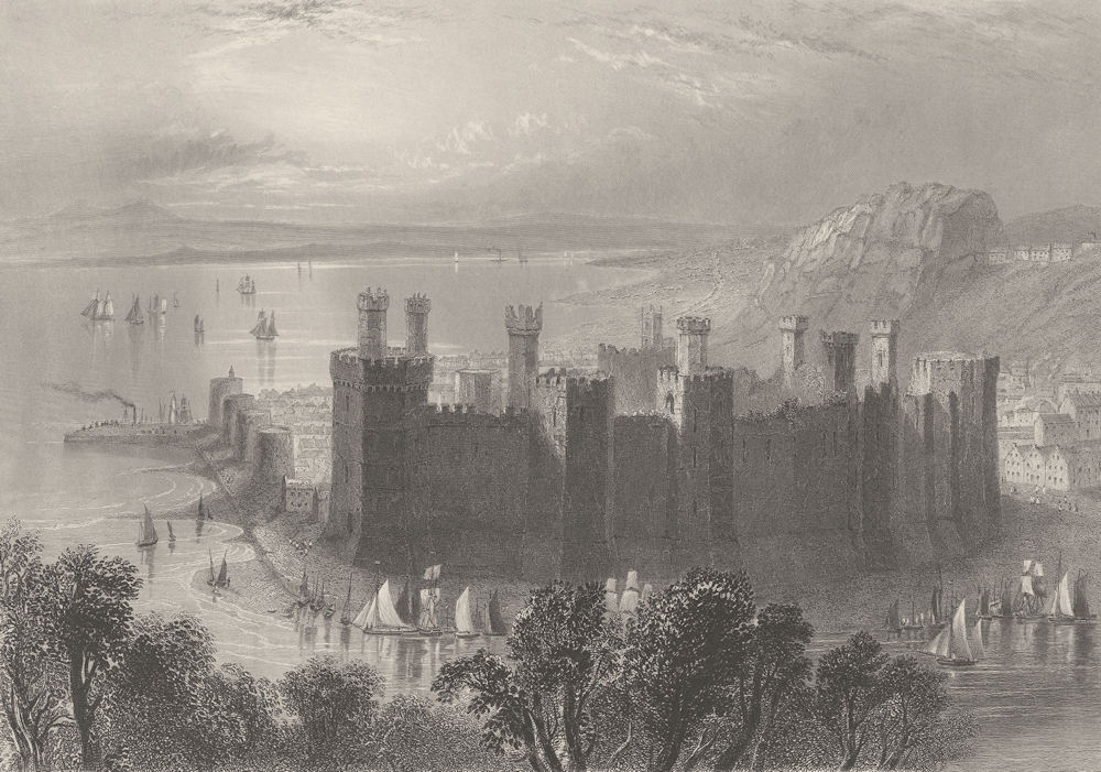 Caernarfon/Carnarvon castle & town. Wales. BARTLETT 1842 old antique print