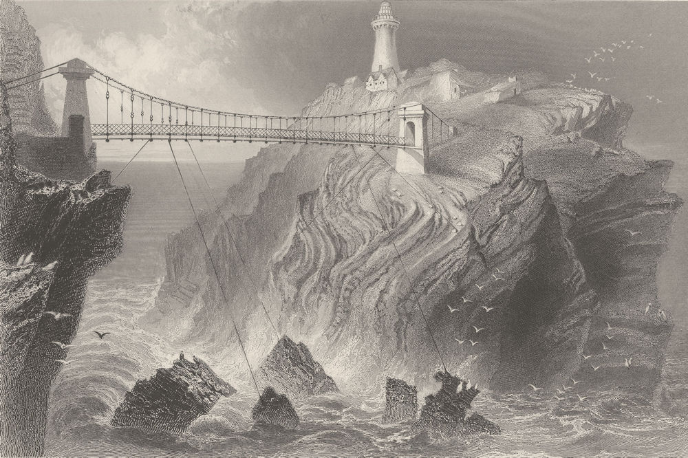 Bridge to the South Stack lighthouse, near Holyhead. Wales. BARTLETT 1842