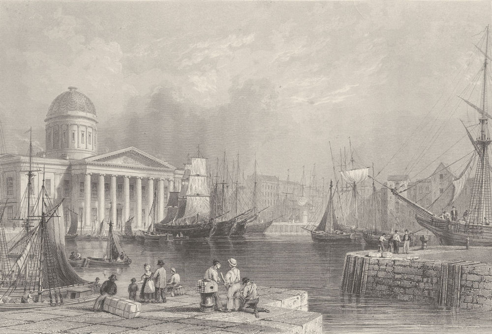 Canning dock and custom house, Liverpool. BARTLETT 1842 old antique print
