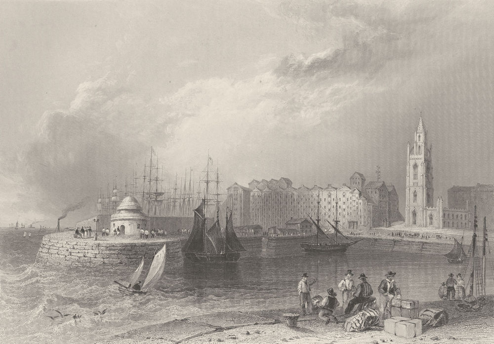 St. Nicholas' Church & ships, Liverpool, from St.George's Basin. BARTLETT 1842