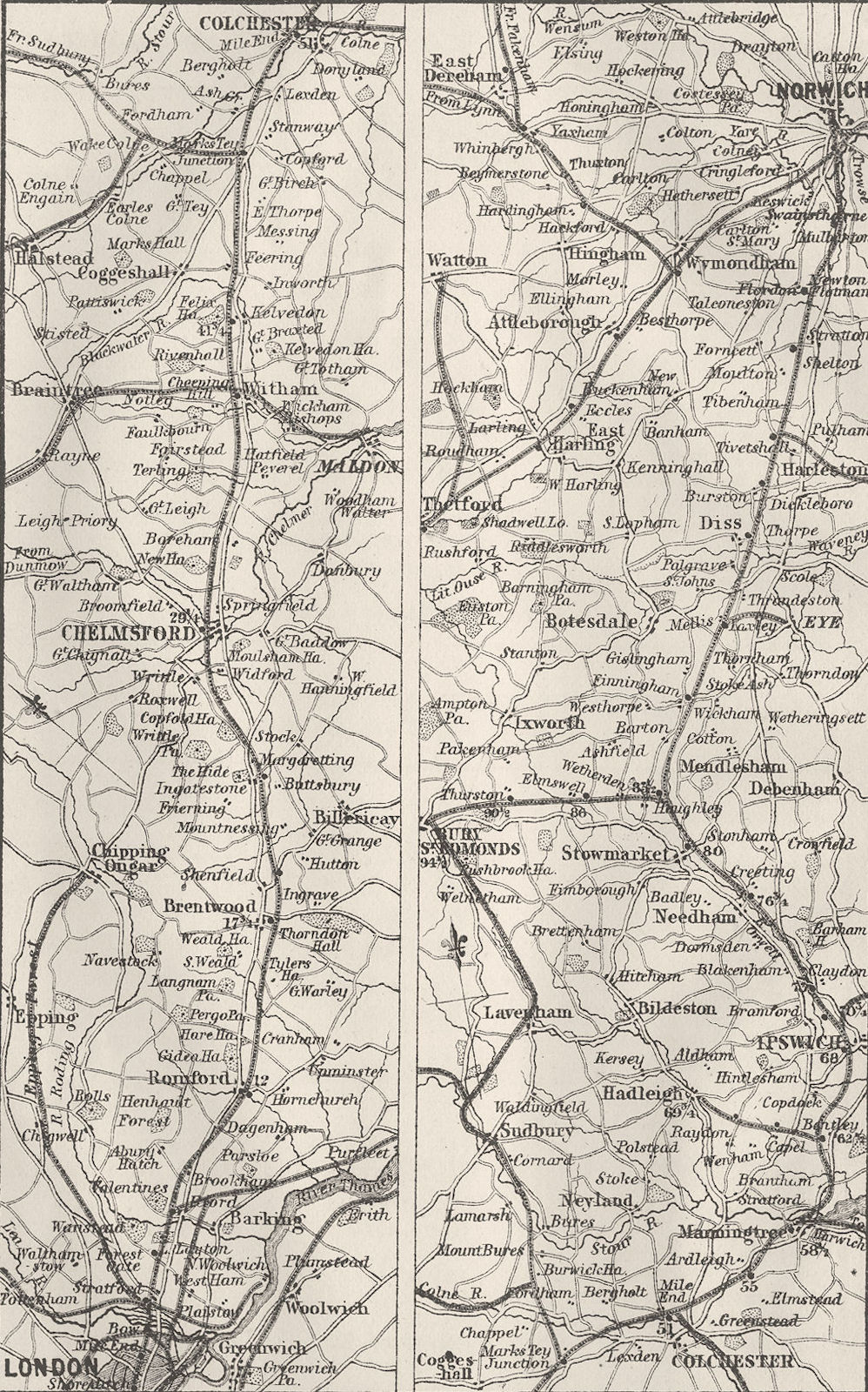 Associate Product GT EASTERN RAIL. London, Ipswich, Bury, Norwich 1874 old antique map chart