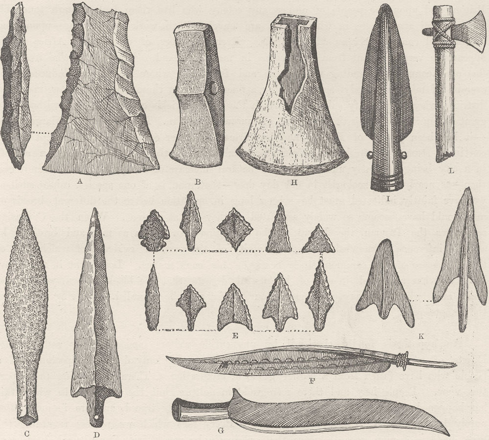 Associate Product MILITARIA. Rude weapons of primitive man 1890 old antique print picture