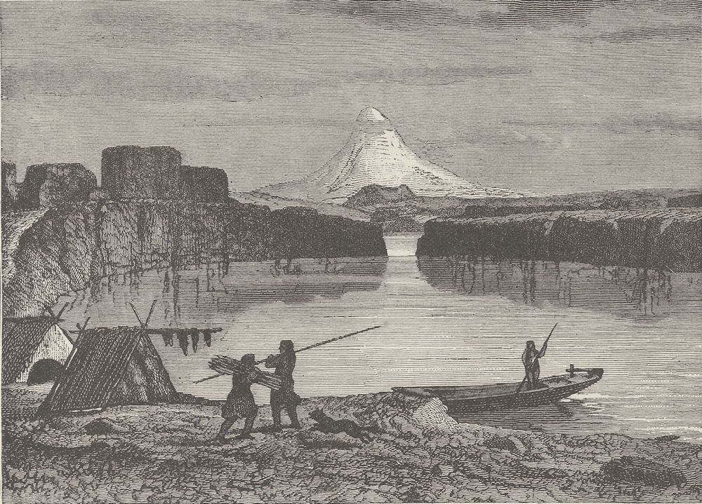 OREGON. The Slabs on the Columbia River, Mount Hood in the distance 1890 print