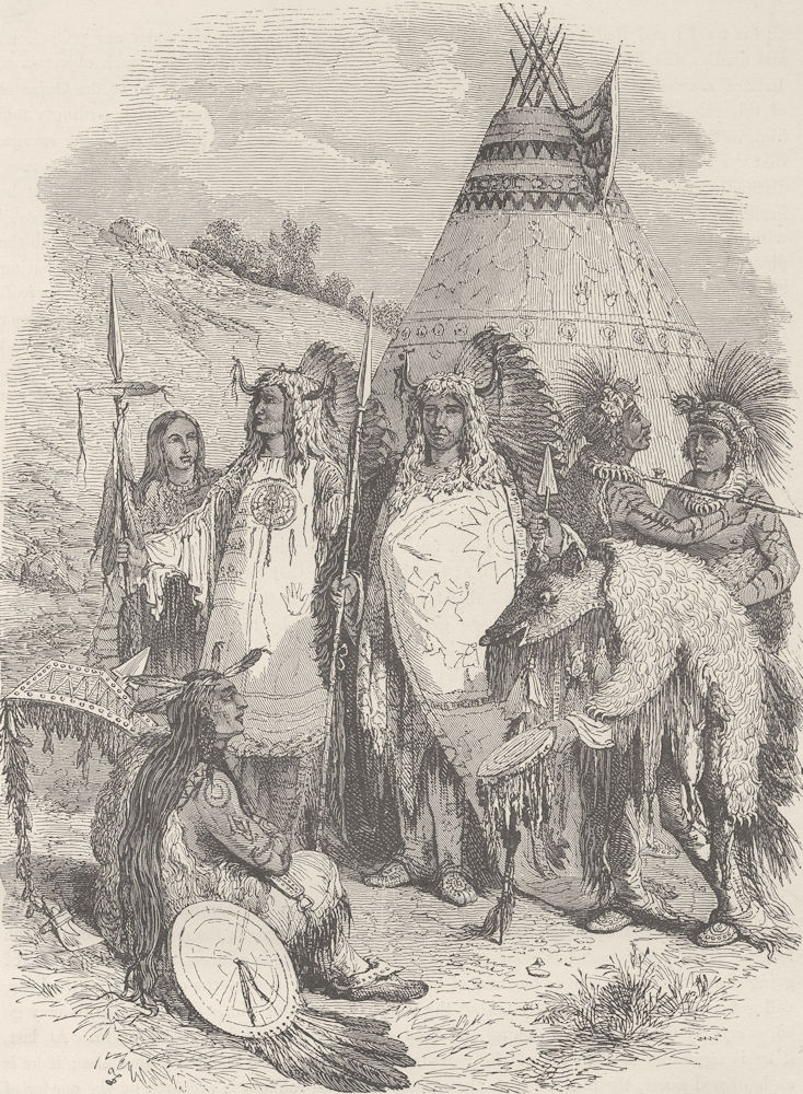 DAKOTA. Mandan Indians, with Medicine-Man in bear-skin 1890 old antique print