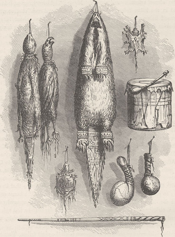 USA. Sioux Indian Tobacco Bags, Mystery whistle, rattles & drum 1890 old print