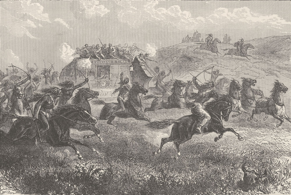 USA. Indians attacking the Overland mail before the days of rail 1890 print
