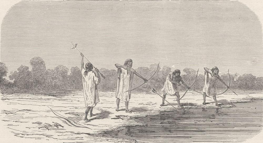 BOLIVIA. Antis Indians shooting fish 1890 old antique vintage print picture