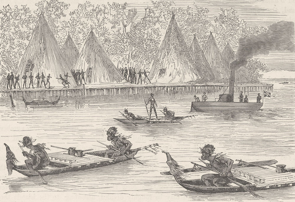 Associate Product NEW GUINEA. Papuans of Humboldt's Bay alarmed at the steam launch 1890 print