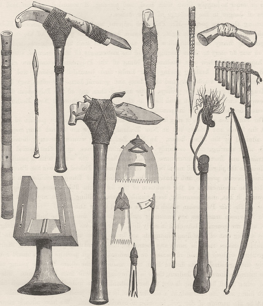 POLYNESIA. Arms and other implements of the Tahitians 1890 old antique print