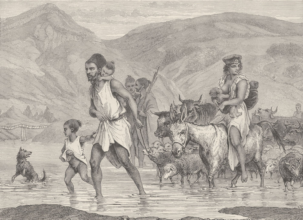 ALGERIA. A Berber family crossing a Ford. A scene in Algeria 1890 old print