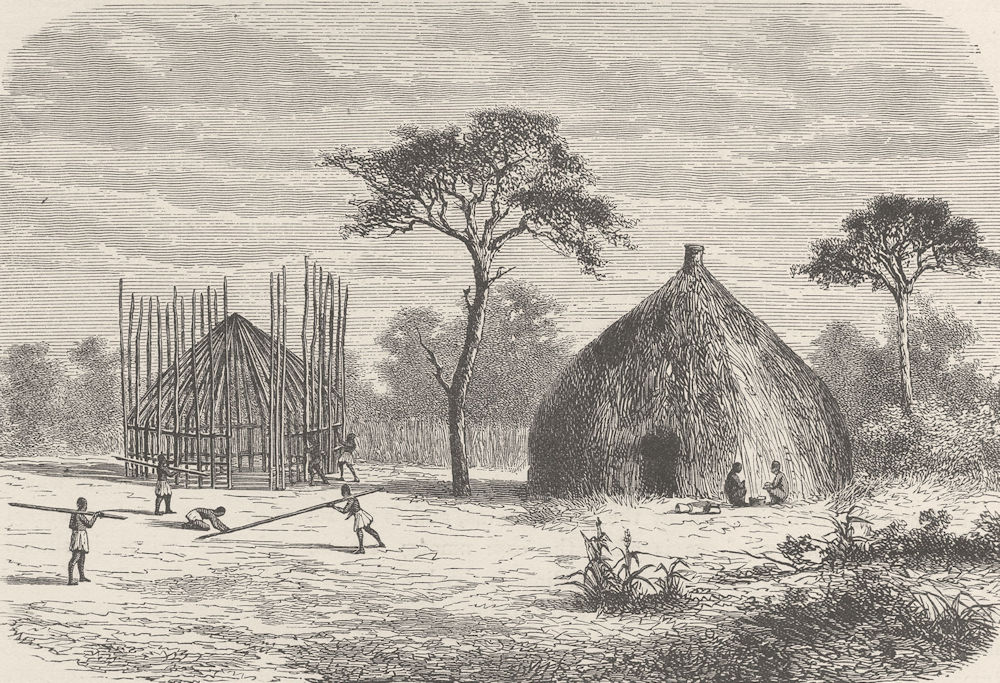 CENTRAL AFRICA. Hut-building in a village of Uhiya, Central Africa 1891 print