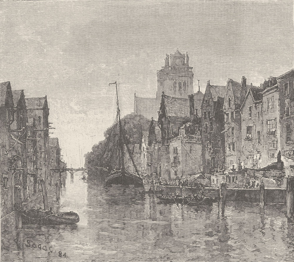 NETHERLANDS. Old canal, Dordrecht 1894 antique vintage print picture