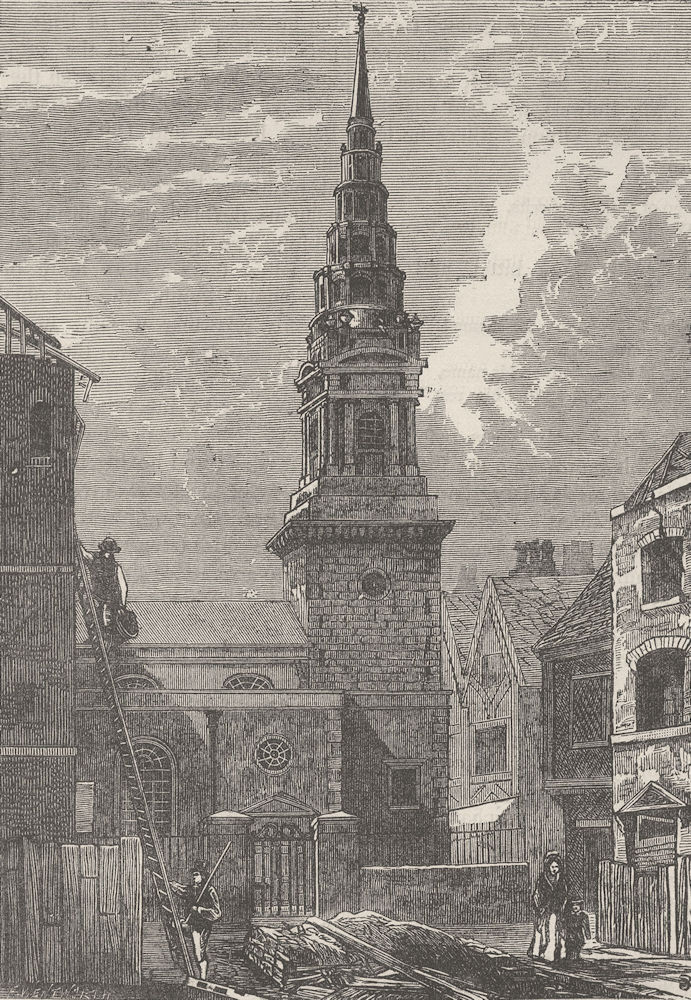 FLEET STREET. St. Bride's church, Fleet Street, after the fire, 1824 c1880