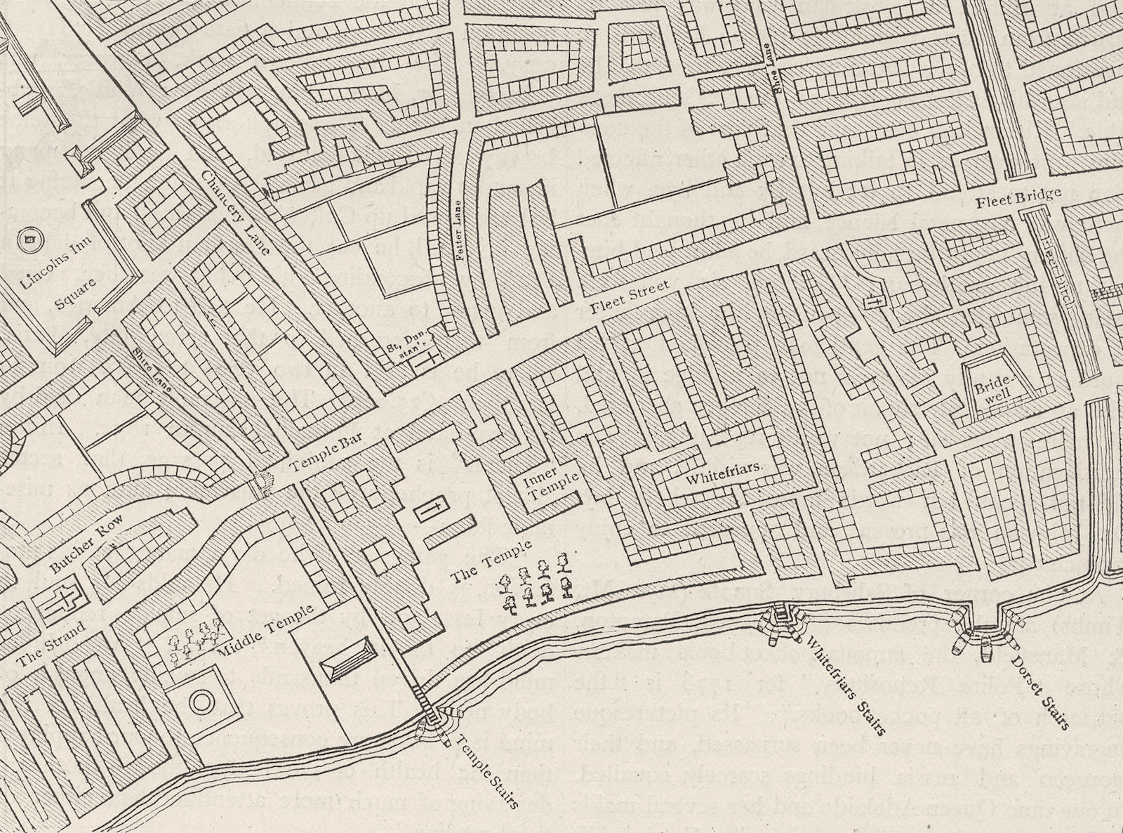 FLEET STREET. Fleet Street, the Temple, &c from a 1720 map. London c1880