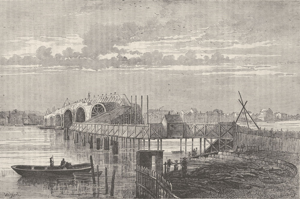 BLACKFRIARS. Old bridge during construction. Temporary foot bridge, 1775 c1880